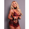1.520-U-Preto-com-Vermelho_1 Conjunto em Renda com Algemas Persex e Mini Saia Coleção Metamorfose Tallyta Moda Apimentada