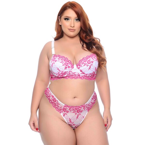 19300-EG1-Branco-com-Pink_1 Conjunto Bicolor com Detalhes em Renda Colorida e Lacinho Plus Size Meu Mundo M