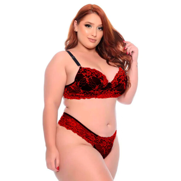 19300-EG3-Preto-com-Vermelho_2 Conjunto Bicolor com Detalhes em Renda Colorida e Lacinho Plus Size Meu Mundo M