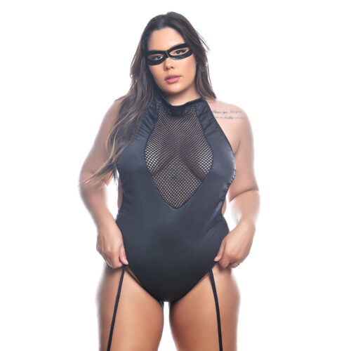 2073_1 Fantasia Body Tiazinha com Liga e Detalhes em Arrastão Pimenta Sexy