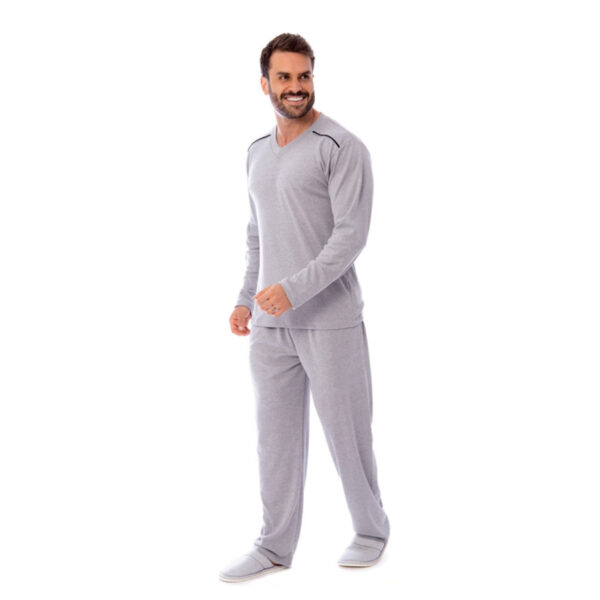 24139-G-Mescla_1 Pijama Tradicional Canelado Masculino com Manga Longa e Calça Coleção Inverno Victory