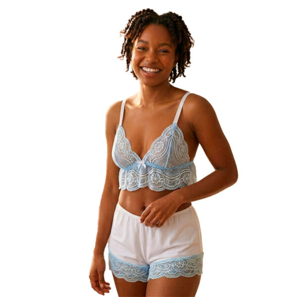 3.83-U-Branco-com-Azul_1 Short Doll Tally Rendado com Cropped de Alça Fina Pingente e Shorts Tallyta Moda Apimentada
