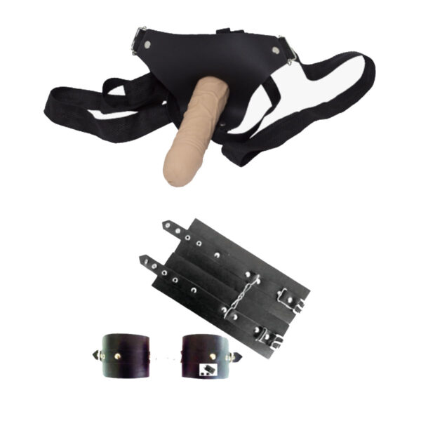 3487-Bege_1 Kit Autoritária Algema e Cinta com Prótese 14x3,5 cm Garji