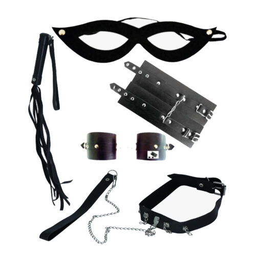 3492-Preto_1 Kit Safadinha com Algema, Coleira, Máscara e Chicote Garji