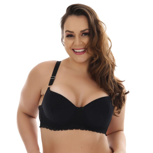516PT-48-Preto_1 Sutiã Rendado Plus Size Reforçado com Bojo e Lacinho Patitex