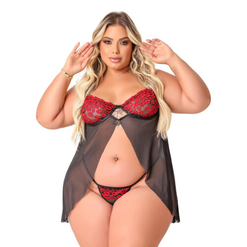 6.224-G1-Preto-com-Vermelho_1 Camisola Beijo Plus em Tule com Detalhes em Renda Tallyta Moda Apimentada