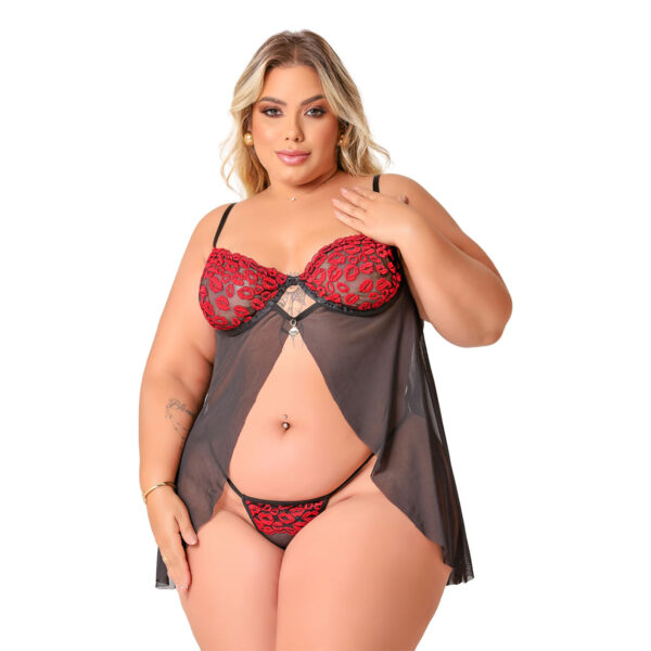 6.224-G1-Preto-com-Vermelho_2 Camisola Beijo Plus em Tule com Detalhes em Renda Tallyta Moda Apimentada