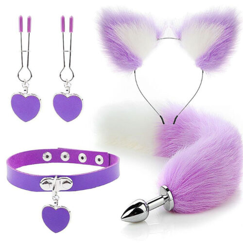 Kit Plug Anal Rabo de Raposa, Tiara de Orelha, Grampos para Mamilos e Gargantilha Sexy Import