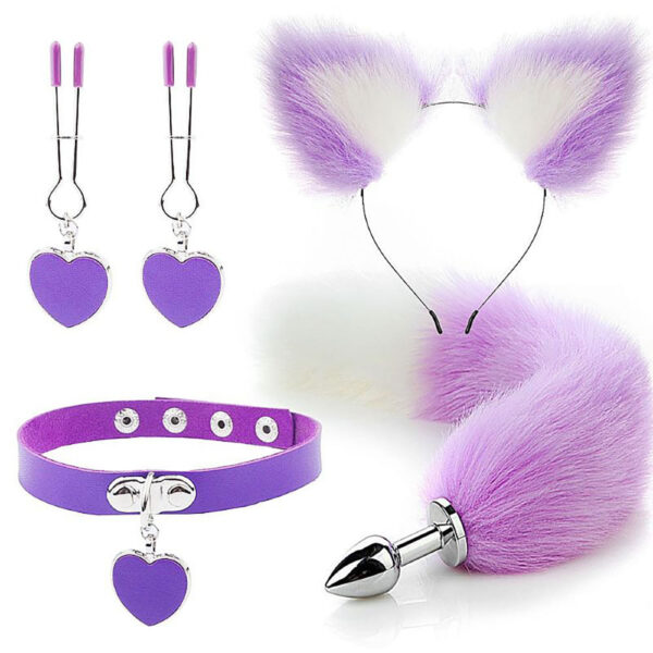 Kit Plug Anal Rabo de Raposa, Tiara de Orelha, Grampos para Mamilos e Gargantilha Sexy Import