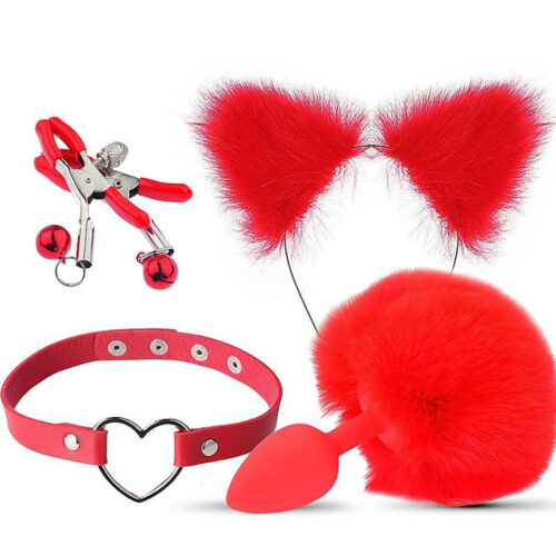Kit Rabo de Coelho, Tiara de Orelhas, Grampos para os Seios e Gargantilha Sexy Import