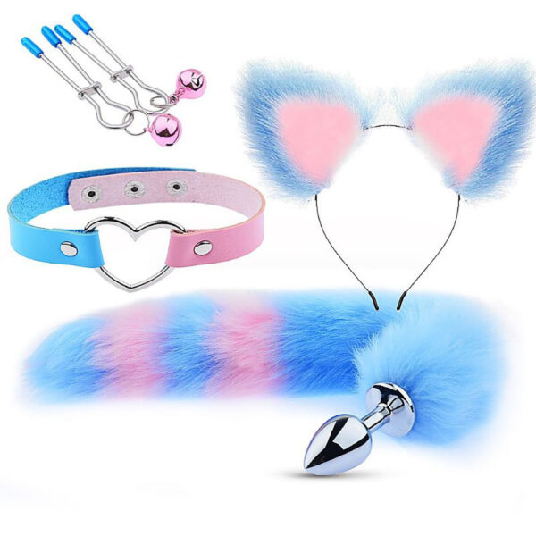 Kit Sado Rapousa com 4 peças Azul e Rosa - Kit Rabo de Raposa, Tiara de Orelhas, Grampos para os Seios e Gargantilha Sexy Import