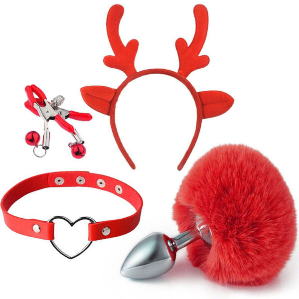Kit Plug Anal Rabo de Coelho, Tiara de Orelhas, Grampos para Mamilos e Gargantilha Sexy Import