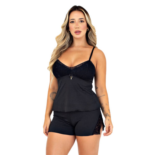 897-P-Preto_1 Baby Doll Liso Melinda com Biju e Detalhes em Renda Patitex