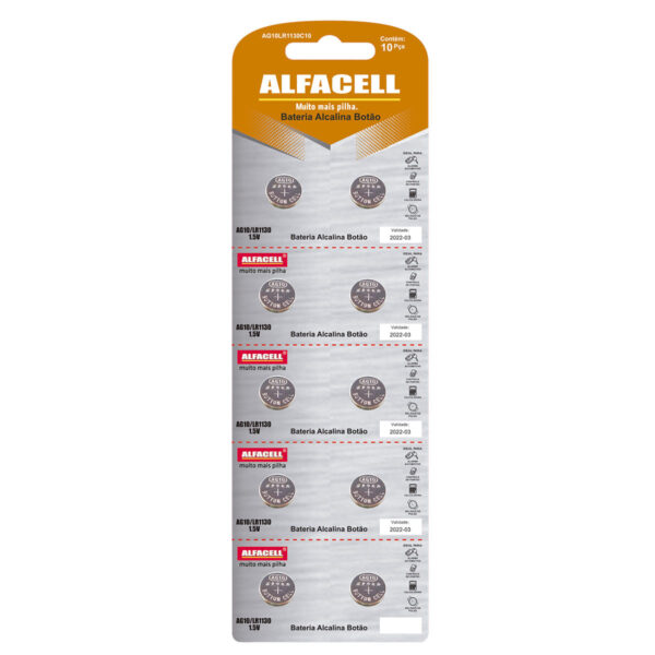 Bateria Alcalina AG10/LR1130 1.5V Cartela com 10 Unidades Alfacell
