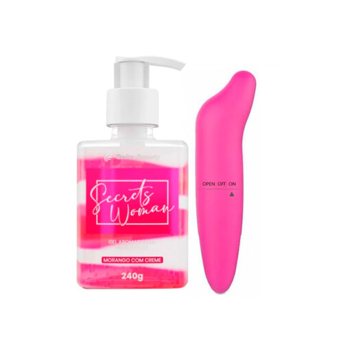 BK1424-Morango_1 Kit 2 Itens Gel Aromatizante Secrets Woman 240g e Massageador Golfinho Belkit