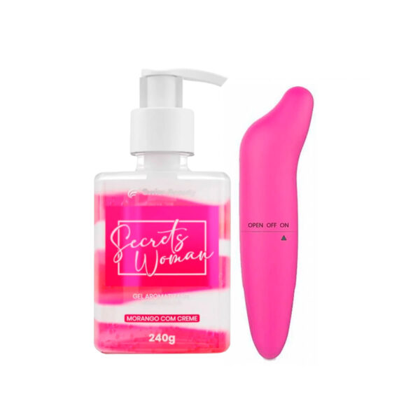 BK1424-Morango_1 Kit 2 Itens Gel Aromatizante Secrets Woman 240g e Massageador Golfinho Belkit