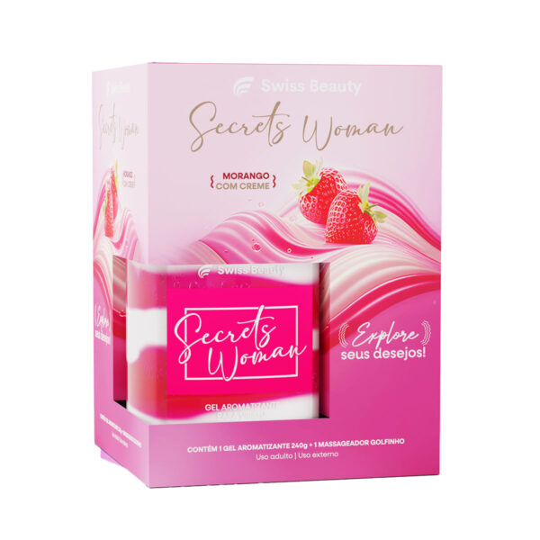 BK1424-Morango_2 Kit 2 Itens Gel Aromatizante Secrets Woman 240g e Massageador Golfinho Belkit