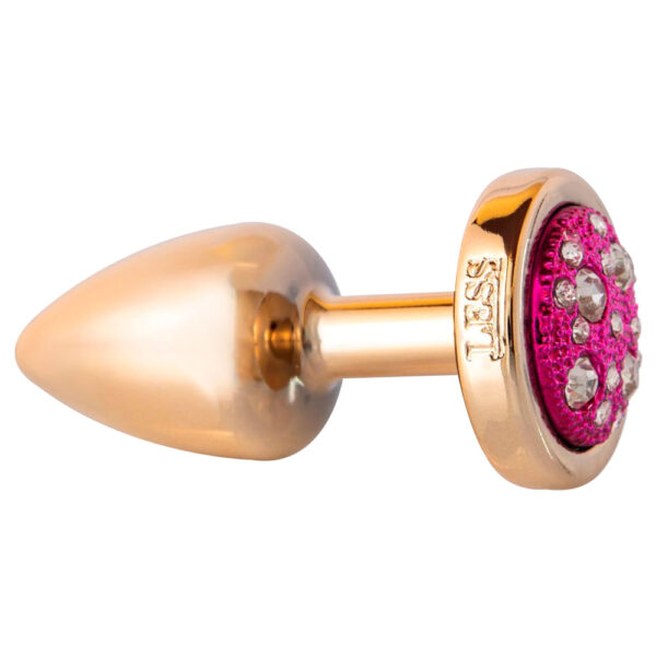 HA143DR-Rosa_1 Plug Anal P Dourado Pedra Cravejada em Strass Linha Less 7,5x3,5 cm Hard
