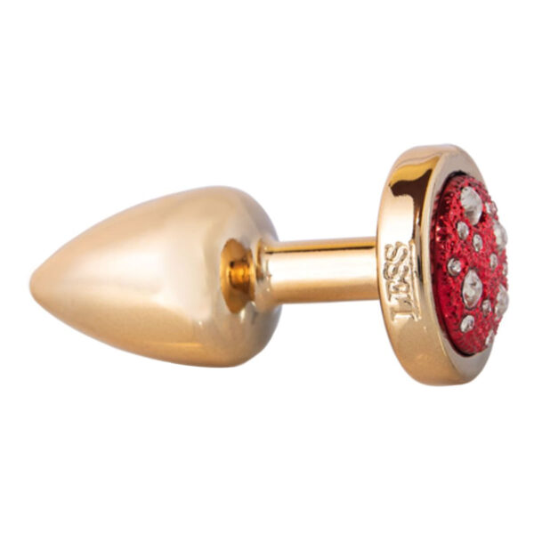 HA143DV-Vermelho_1 Plug Anal P Dourado Pedra Cravejada em Strass Linha Less 7,5x3,5 cm Hard