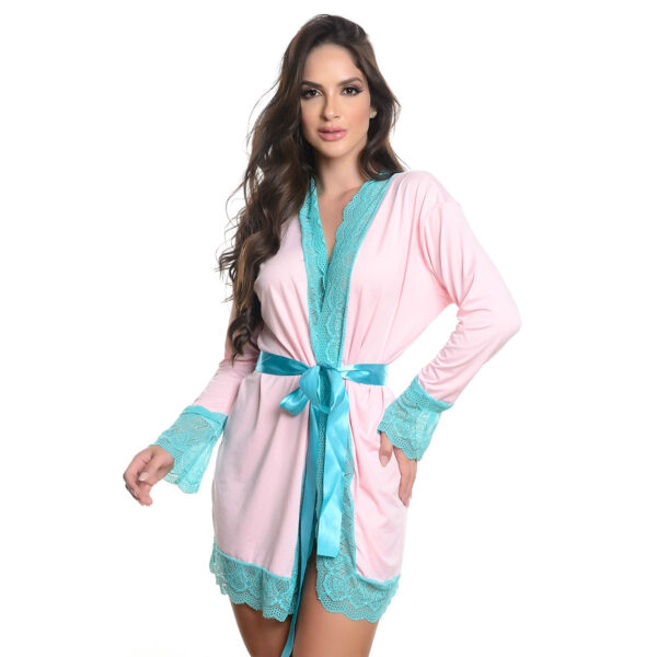 HL016-M-Rosa-Claro-com-Verde-Agua_1 Robe Manga Longa Micrody com Detalhes Rendados Hot Love