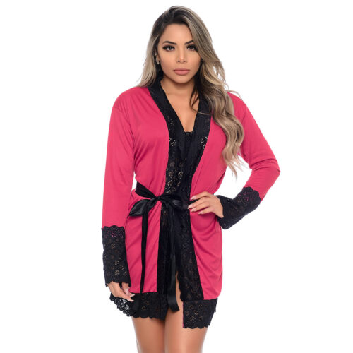 HL016-M-Rosa_1 Robe Manga Longa Micrody com Detalhes Rendados Hot Love