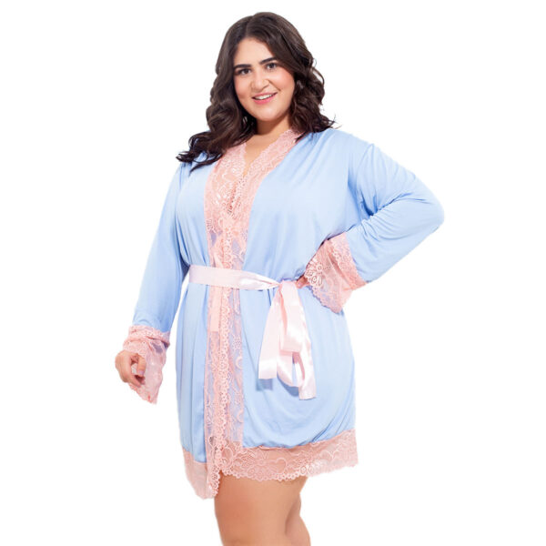 HL058-48-Azul-Claro-com-Rose_2 Robe Manga Longa Plus Size com Detalhes em Renda Hot Love