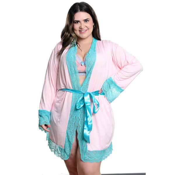 HL058-48-Rosa-Claro-com-Verde-Agua_1 Robe Manga Longa Plus Size com Detalhes em Renda Hot Love