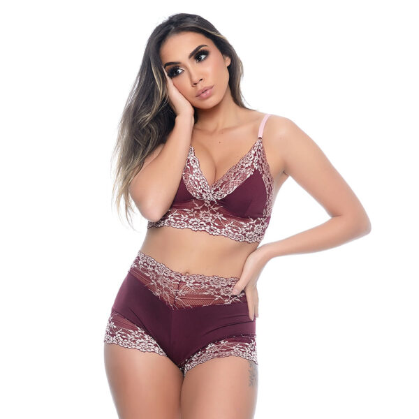 HL082-Vinho-com-Rose_1-1 Conjunto Short Doll com Detalhes em Renda Hot Love