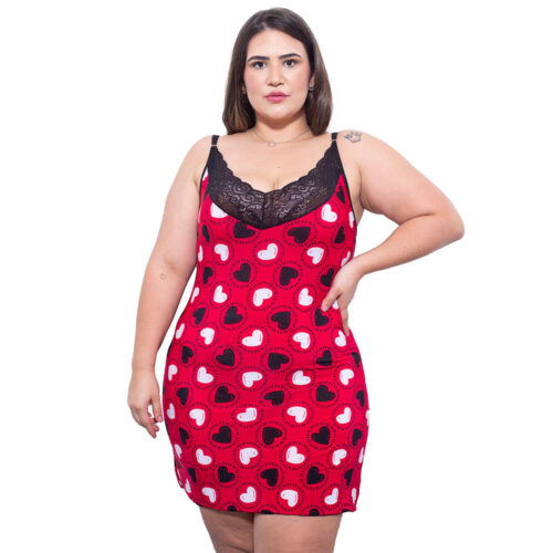 HL304-46-Coracao-Vermelho_1-1 Camisola Plus Estampada com Detalhes em Renda Hot Love