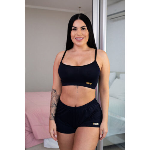 HL376-P-Preto_1 Pijama Shorts E Cropped Liso Hot Love