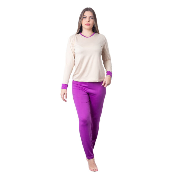 HL538-P-Nude-com-Lilas_1 Pijama Longo Liso Coleção Inverno Hot Love