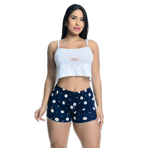 HL600-P-Azul-Marinho_1 Pijama Feminino Shorts e Cropped Regata Estampado Hot Love