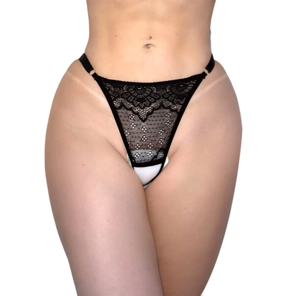 HL631-U-Preto_1 Calcinha PersonalizĂĄvel Rendada Me Chupa Fio Dental com Abertura Hot Love