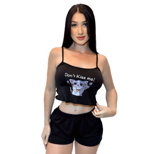 HL635-P-Preto_1 Pijama com Short e Blusinha com Don't Kiss me! Hot Love