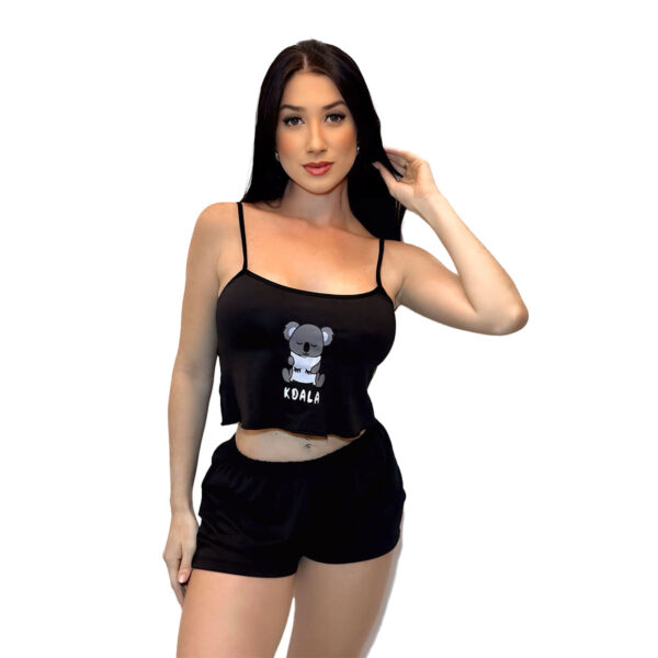 HL639-P-Preto_1 Pijama Feminino Curto com Short e Regata Cropped Koala Sonolento Hot Love