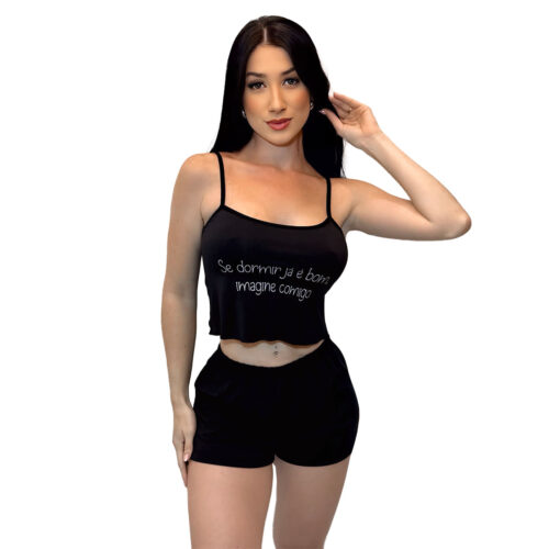 HL640-P-Preto_1 Pijama Feminino Curto com Short e Regata Cropped Se Dormir Já É Bom Imagine Comigo Hot Love