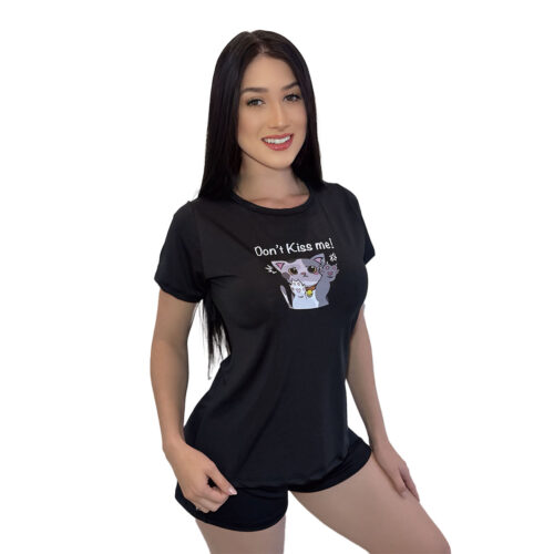 HL643-P-Preto_1 Pijama com Shortinho e Camiseta Don't Kiss me! Hot Love