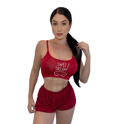 HL652-P-Vermelho_1 Pijama Curto com Shortinho e Top Sweet Dreams Hot Love