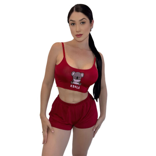 HL655-P-Vermelho_1 Pijama Feminino com Shorts e Cropped Curto Koala Sonolento Hot Love