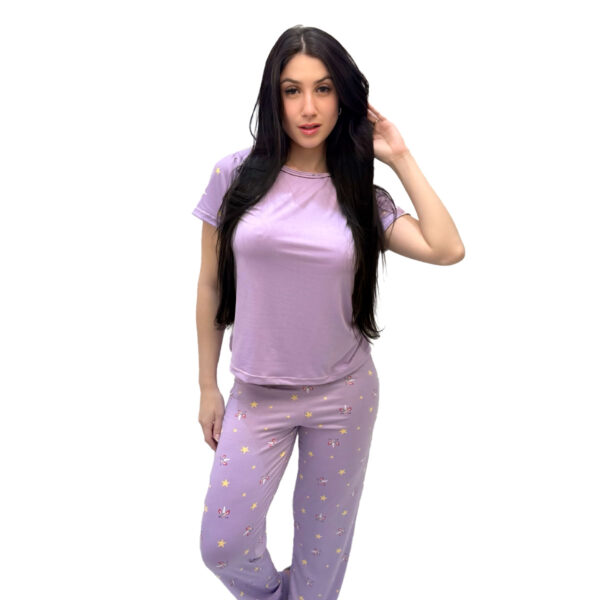 HL715-GG-Lilas_1 Pijama Suede com Camisa Lisa e Calça Estampada Hot Love