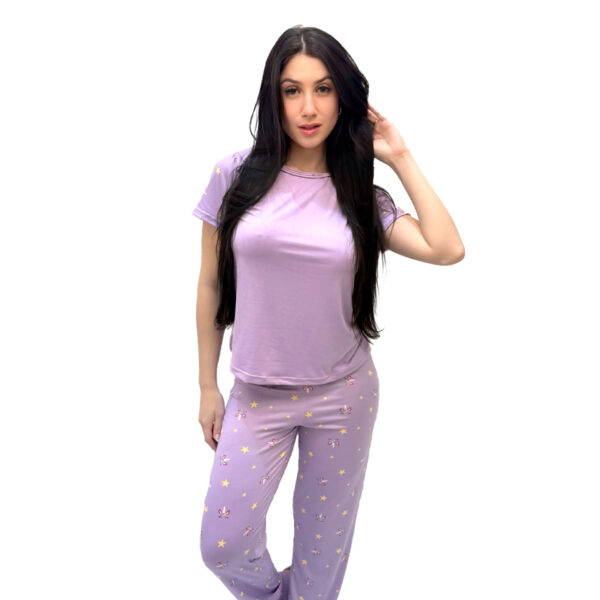 HL715-P-Lilas_1 Pijama Suede com Camisa Lisa e Calça Estampada Hot Love