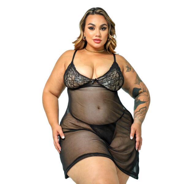 HL748-46-Preto_1-1 Camisola em Tule com Lacinho e Calcinha Fio Dental Hot Love
