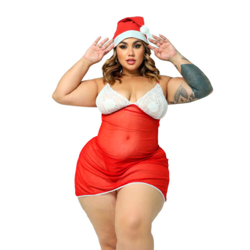 HL749-U-Vermelho_1 Fantasia Mamãe Noel Lacradora Plus Size com Gorro Hot Love