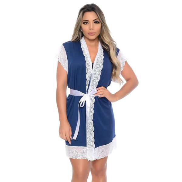 KHL018MAZM Robe M Manga Curta Azul Marinho em Microdry com Detalhes Rendados Hot Love