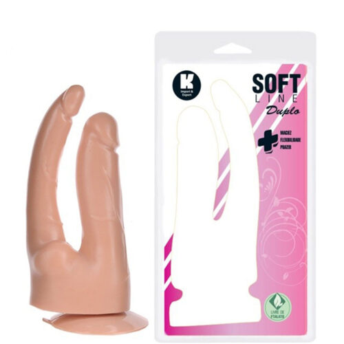 KT248-Bege_1 Pênis Realístico Duplo Com Ventosa 18cm e 17 cm Soft Line K import