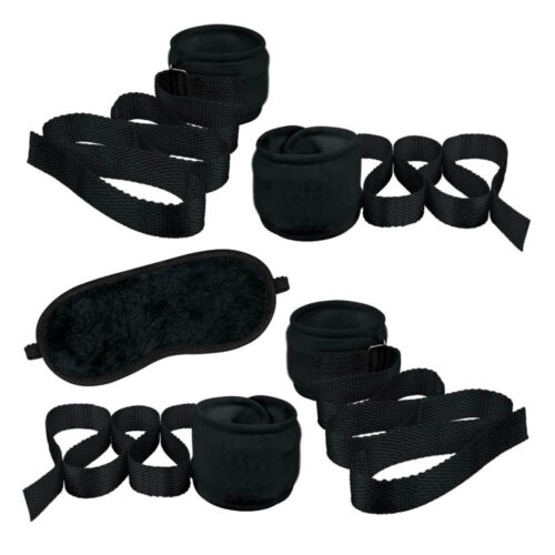L502-Preto_1 Kit Bondage com Algema Tornozeleira e Venda em Pelúcia La Pimienta