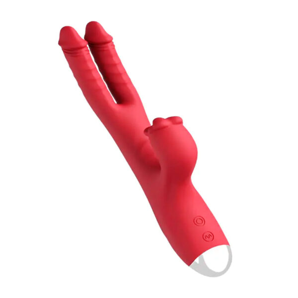 MLVE6162-Vermelho_1 Vibrador Duplo Vai e Vem com Estimulador Clitoriano em Formato de Boquinha Me Ame Sex Toys
