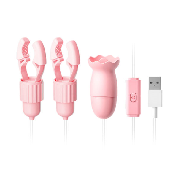 OV046B-Rosa_1 Prendedores de Mamilos de Pressão com Mini Cápsula Vibratória e Capa com Língua 12 Modos de Vibração