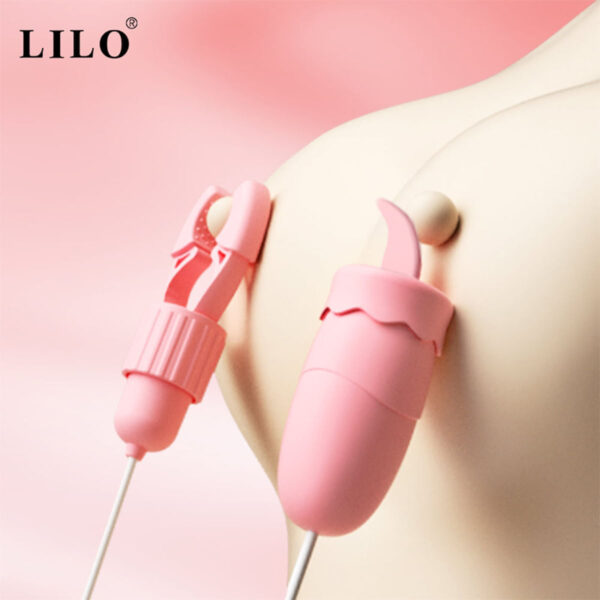 OV046B-Rosa_3 Prendedores de Mamilos de Pressão com Mini Cápsula Vibratória e Capa com Língua 12 Modos de Vibração