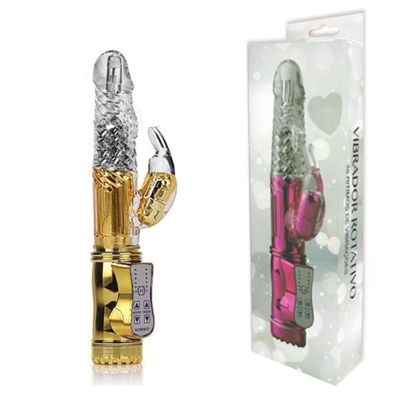 RT002G-Dourado_1 Vibrador Rotativo 36 Funções com Estimulador Clitoriano 22,5x3x5 Miss Collection